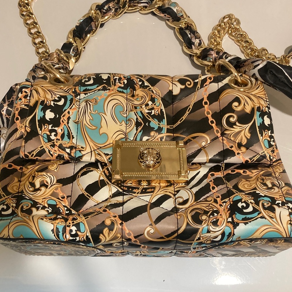 Aldo Gold-Accented Black & Turquoise Printed Chain-Handle Shoulder Bag NWOT